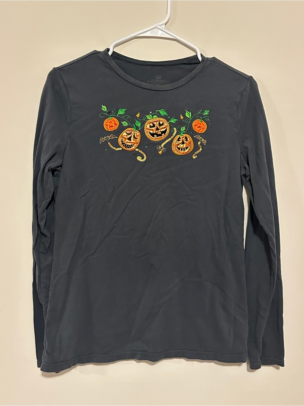 Halloween Fall Pumpkin Gray Long Sleeve Cotton Embroidered Top Women's Size S